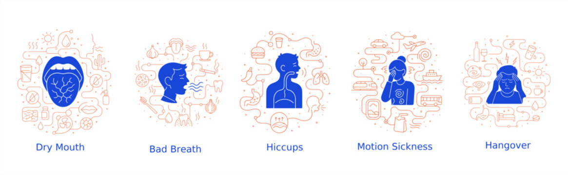 Design collection of line art medical symptom illustrations labeled dry mouth, bad breath, hiccups, motion sickness, and hangover, surrounded by related health icons.