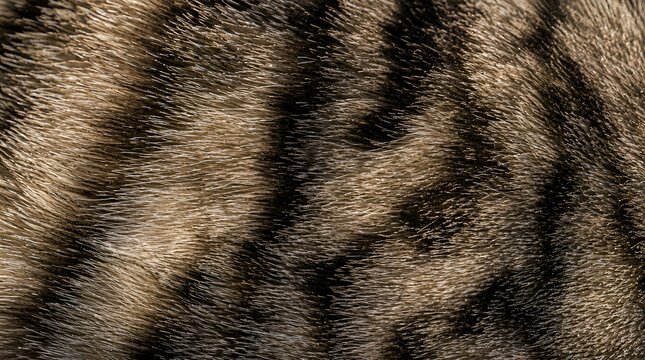 Extreme close-up of photorealistic brown tabby cat fur texture showing detailed hair patterns and soft feline coat.