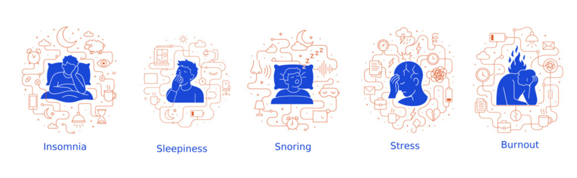 Design collection of line illustrations showing insomnia, sleepiness, snoring, stress and burnout, with tired people surrounded by sleep, work and health symbols.
