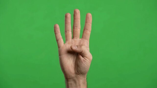 Male hand displaying four fingers held upright against a vibrant green screen background in this high definition motion video clip