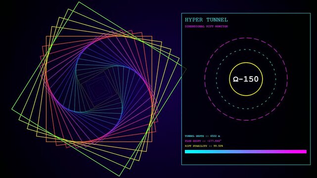 Plasma turbulence visualizes as glowing neon squares rotating through dark space to display scientific data points within three distinct digital frames of varying motion flow