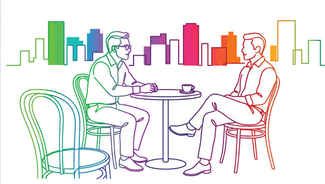 Two men chatting at an outdoor cafe table against a colorful rainbow city skyline gradient line vector