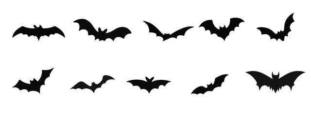 Fototapeta premium A bold black silhouette illustration set of ten flying bats in various wing positions and sizes.