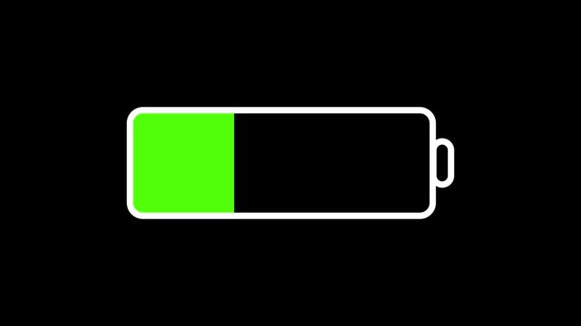 Battery charging icon animation showing bright green power levels on a simple black digital motion background