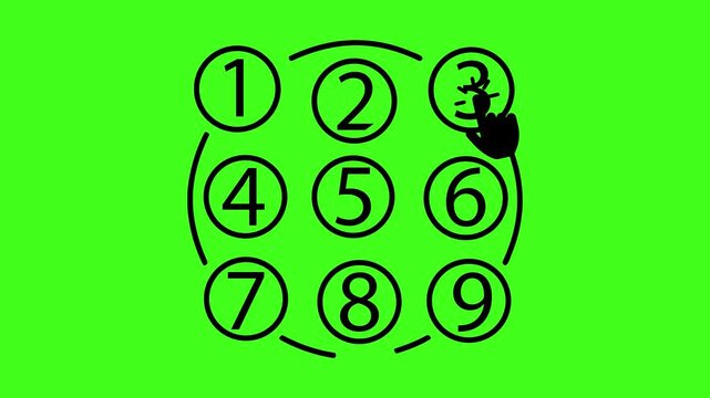 Numeric keypad interface animation showing a cursor hand icon selecting various digits on screen motion footage