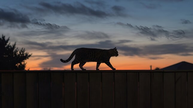 Atmospheric wide photorealistic shot of a cat silhouette walking on a wooden fence against a dramatic orange and blue sunset sky, capturing a serene twilight moment in a garden setting.
