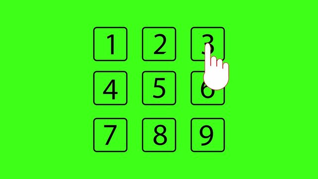Numerical keypad animation featuring hand cursor clicking square buttons for secure digital access motion video clip