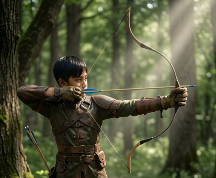 A young boy wearing medieval leather armor aiming a wooden bow and arrow in a magical sunlit green forest. cinematic fantasy adventure concept.