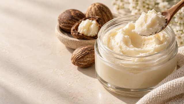 Premium shea body butter jar with whipped cream texture, wooden spoon, shea nuts and warm beige spa setting, natural body care product photo