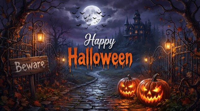 Happy Halloween Haunted Mansion with Full Moon, Glowing Jack O' Lanterns and Spooky Night Typography Background