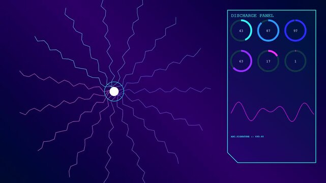 Vivid plasma turbulence emanates from a central light orb with oscillating waves and modular digital interfaces pulsing across a dark saturated gradient violet visual canvas field