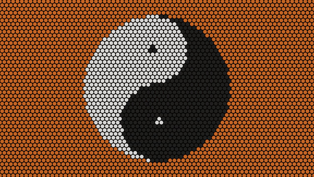 Dot pixel tai chi diagram yin and yang orange abstract background