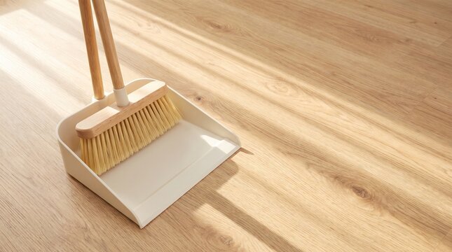 Broom and Dustpan Set on Bright Wooden Floor &ndash; Modern Minimalist Home Cleaning and Chore Concept