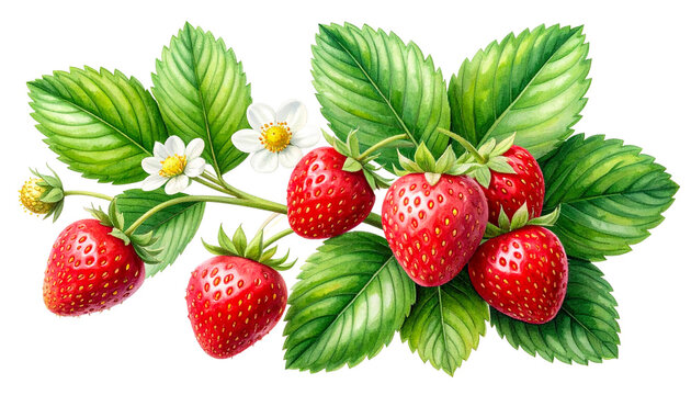 Wild strawberry botanical illustration, delicate leaves and ripe red berries, isolated on transparent background.