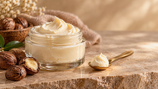 Luxury body butter macro with creamy shea texture, glass cosmetic jar, wooden spoon, shea nuts and warm spa background, premium skincare concept