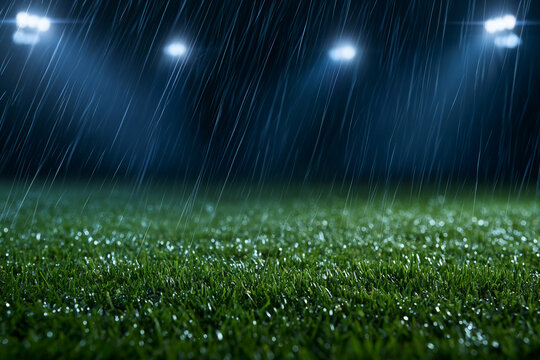 Nighttime football field under heavy rain with bright lights shining on wet grass
