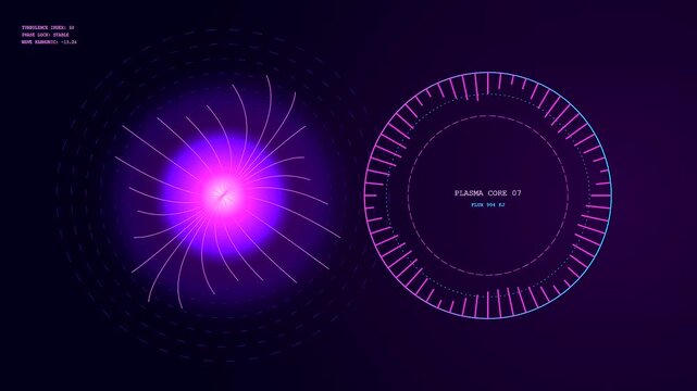 A vibrant plasma turbulence event pulses inside a circular interface while data metrics shift across a dark digital screen during a simulated energy flux test