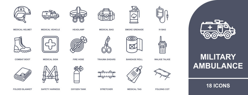 Military ambulance icon sheet, set of 18 line featuring medical gear, tactical equipment, and emergency supplies