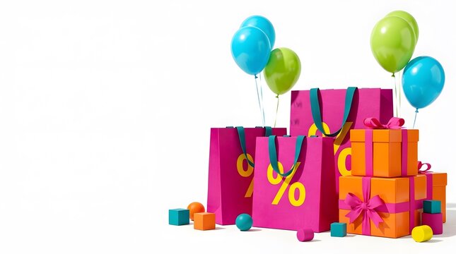 Shopping sale concept with pink gift bags orange boxes and colorful balloons on white background
