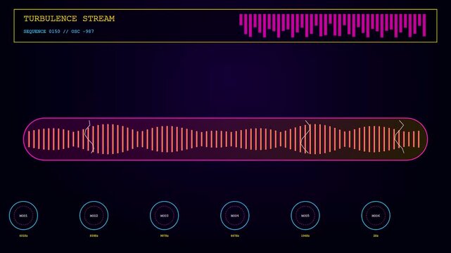 Vivid magenta plasma turbulence streams oscillate across a dark digital panel display showing rhythmic frequency waveform patterns moving in synchronized motion inside a complex laboratory system