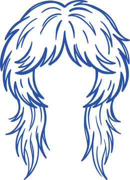Retro 80s mullet hairstyle vector, vintage rock star hair outline, blue line art of shaggy layered haircut for salon branding