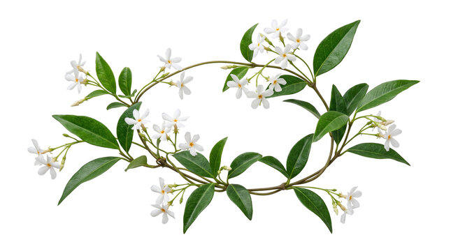 A delicate jasmine vine with white blossoms and glossy green leaves is displayed on transparent background star floral arrangement decor flowering branch