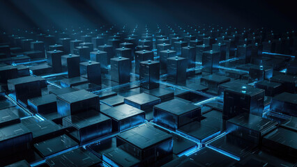 Fototapeta premium A grid of dark metallic cubes connected by glowing blue light lines in a digital space with cubes illuminated interconnected lines reflective surface block