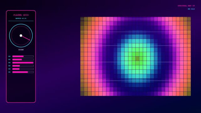 Dynamic plasma turbulence patterns pulsating inside a virtual interface window revealing changing light spectrum grids on a dark gradient display monitor for advanced data analysis visual