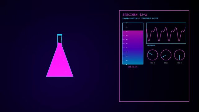 Plasma turbulence depicted inside a glass conical flask with digital monitor readouts displaying fluctuating wave patterns and data logs floating on a dark purple screen
