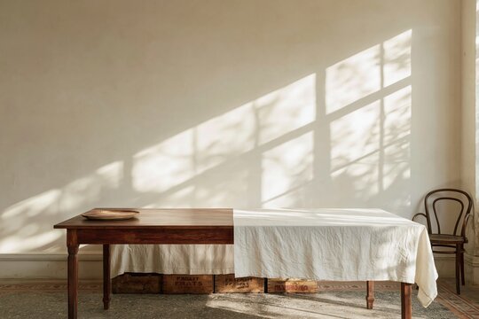 Empty altar tiers on a wooden table for dia de muertos, featuring a mended cotton cloth and rustic crates in a sunlit room for cultural tradition