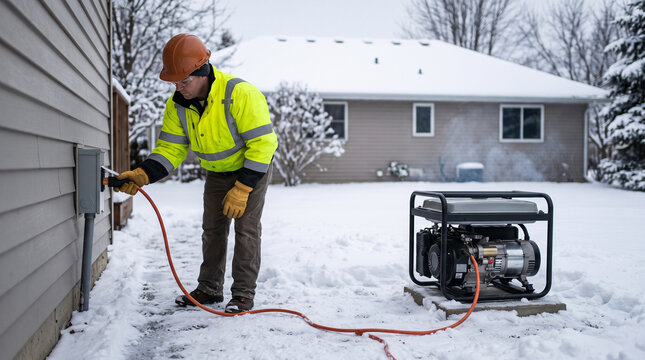 Worker connecting generator to house in winter