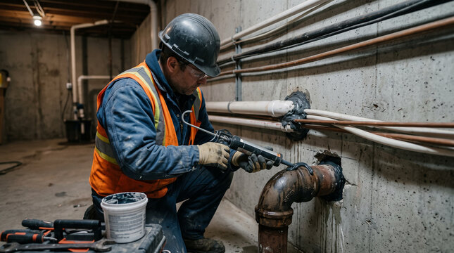 Worker sealing pipe penetrations in utility room