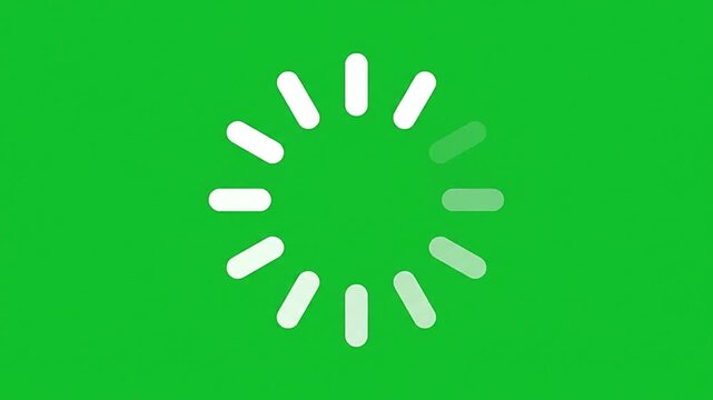 Rotating circular loading animation icon displaying white segments on a solid green background for digital web interface video motion footage