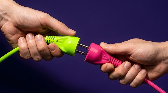 Two hands connecting green male plug and pink female socket