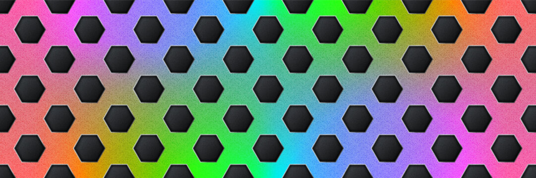 Rainbow gradation seamless perforated metal sheet realistic texture. Metal chrome grill plate with hexagon holes. Modern design carbon radiator bg. Macro speaker radiator. Vector illustration