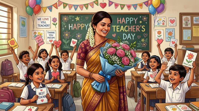 Teacher in saree receiving flowers from students in class