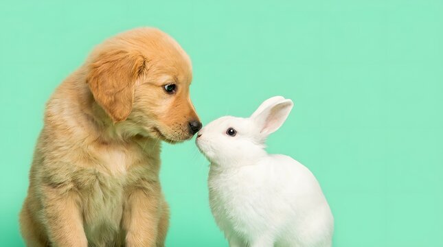 Golden retriever puppy and white rabbit touching noses on green background