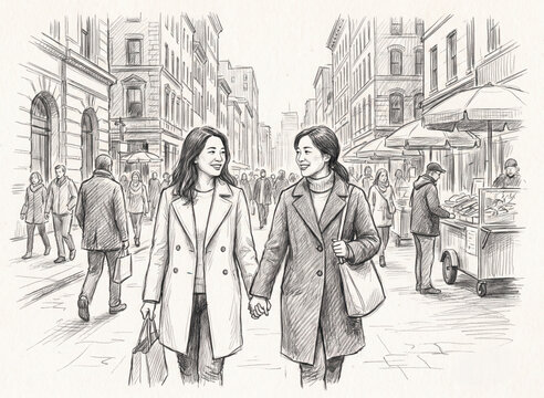 A charming pencil sketch of a lesbian couple walking hand-in-hand down a city street, capturing a tender moment of connection and romance in a vibrant urban setting. 