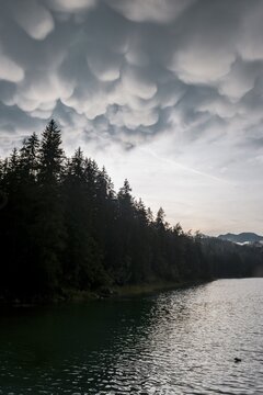 Thunderclouds over the Eibsee lake, mammoth clouds, bad weather, dramatic cloud atmosphere, near Grainau, Upper Bavaria, Bavaria, Germany