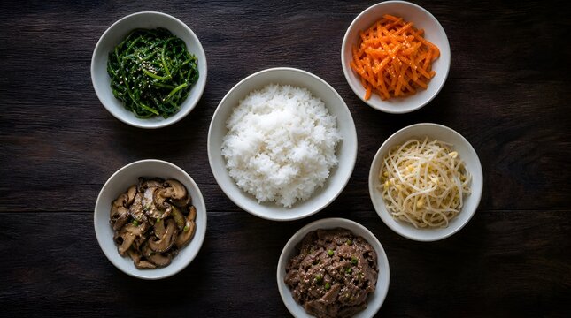 Overhead view of authentic Korean bibimbap ingredients featuring steamed rice, beef, and various seasoned vegetables in bowls on dark wood.
