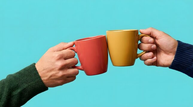 Two hands clinking colorful coffee mugs in a cheers gesture against a cyan background