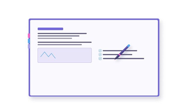Modern 2.5D business document creation animation featuring a solid digital pen held in a realistic writing orientation (slanted naturally at ~45 degrees pointing down-left) physically writing across a