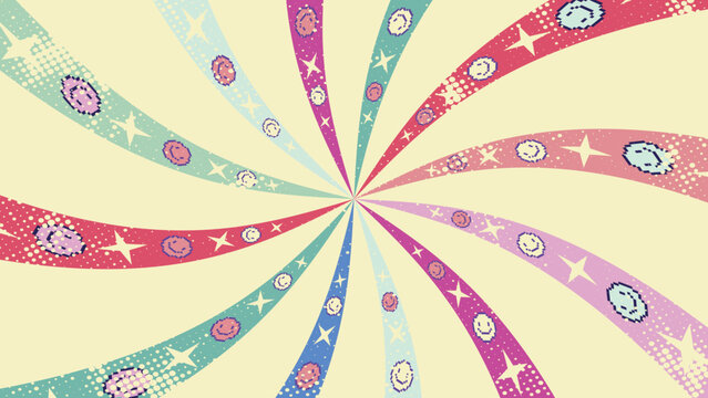Colorful retro sunburst swirl pattern with pixel art smiley faces, sparkle stars, and halftone dots on a cream background.