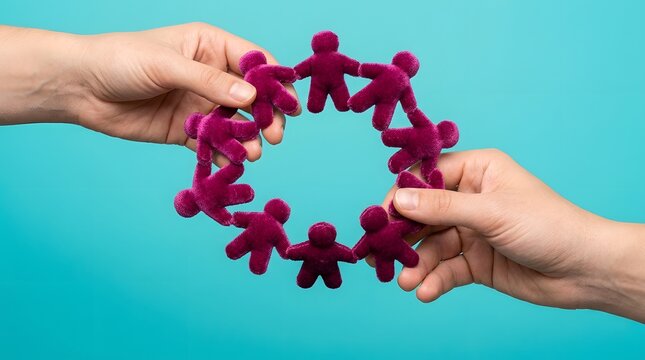 Hands holding a circle of purple human figures symbolizing teamwork and unity