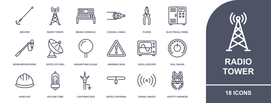 Radio tower and telecommunications icon set, featuring eighteen linear symbols for broadcasting, engineering, and electrical equipment