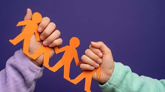 Children hands holding orange paper people chain for unity concept