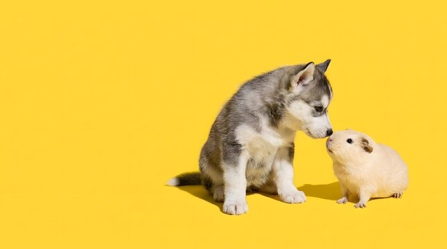 Husky puppy and guinea pig friendship on yellow background