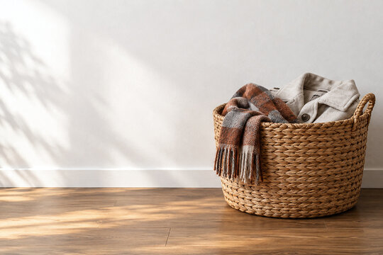 Woven basket holding a folded jacket and scarf