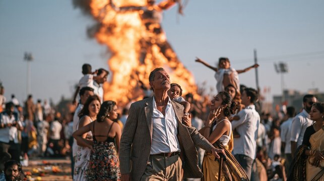 Tall burning effigy at dusk on a dusty maidan, glowing with firelight and deep crimson hues for festival and cultural celebrations