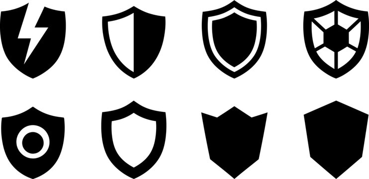 A collection of eight black shield icons representing security protection safety defense and digital cybersecurity concepts